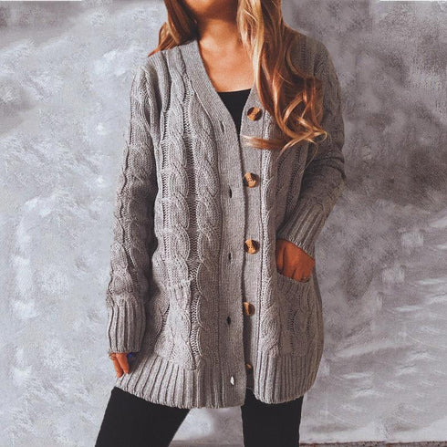 Autumn and winter single-breasted thick twist pocket long sleeve knit sweater cardigan